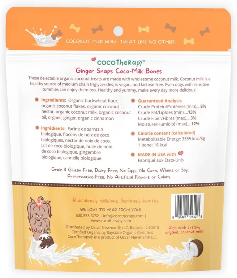 CocoTherapy Coco-Milk Bones Ginger Snaps Biscuit - Organic Coconut Treat for dogs (6 oz)