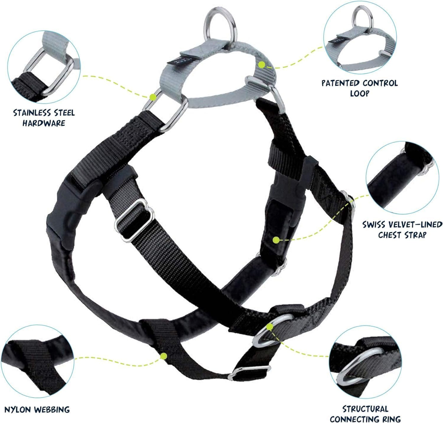 2 Hounds Design Freedom No-Pull Dog Harness Training Package, Medium (5/8" wide), Black
