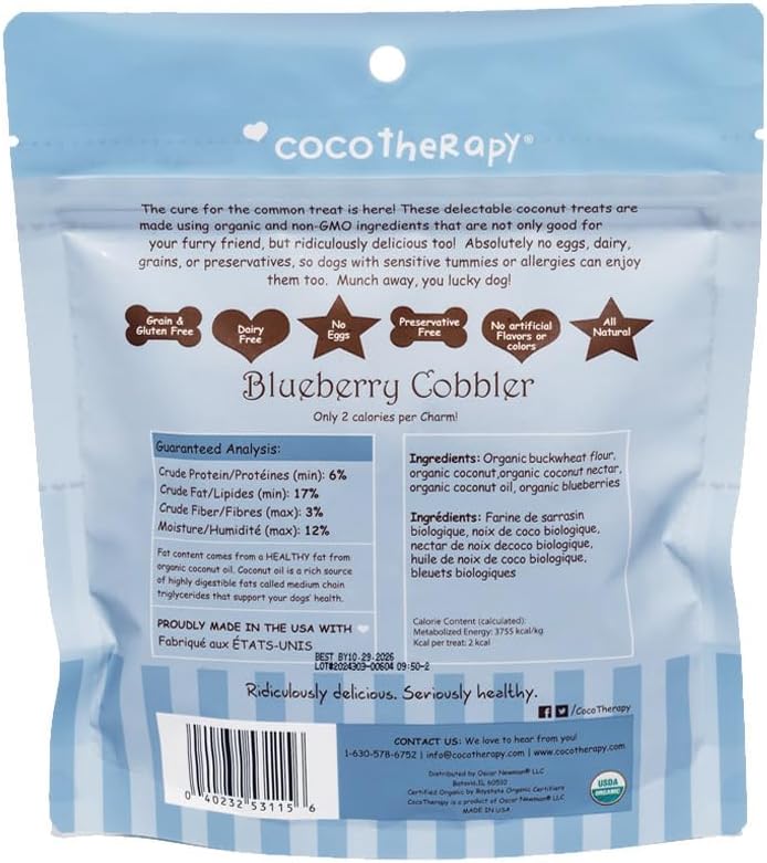 CocoTherapy Blueberry Cobbler Coco-Charms Dog Training Treats, 5 Ounces, Organic, Made in The USA- 3 Pack