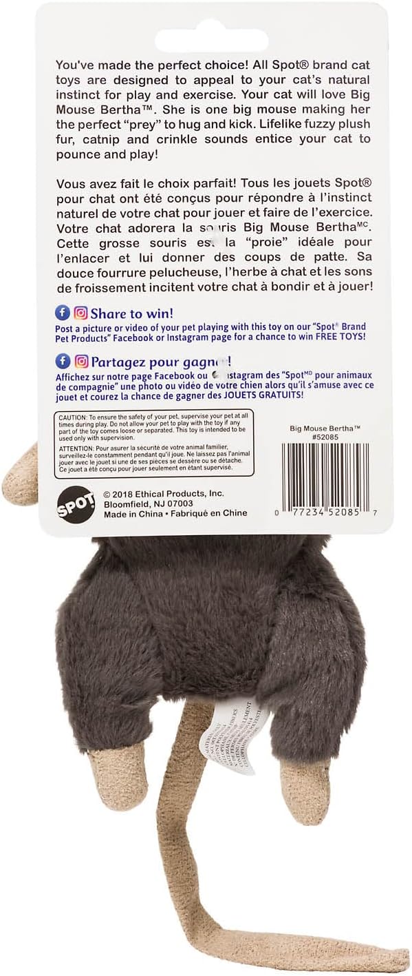 SPOT Big Mouse Bertha Cat Toy with Catnip - 7" Assorted Colors