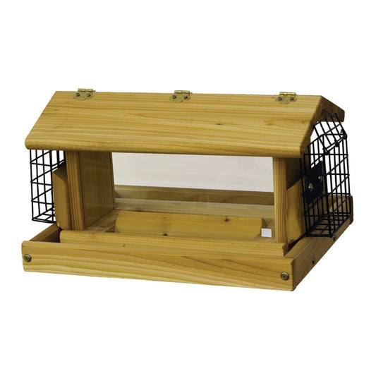 Stovall Standard Flip Top Mixed Seed Cedar Post Mount Hopper Bird Feeder with 2 Suet Cages