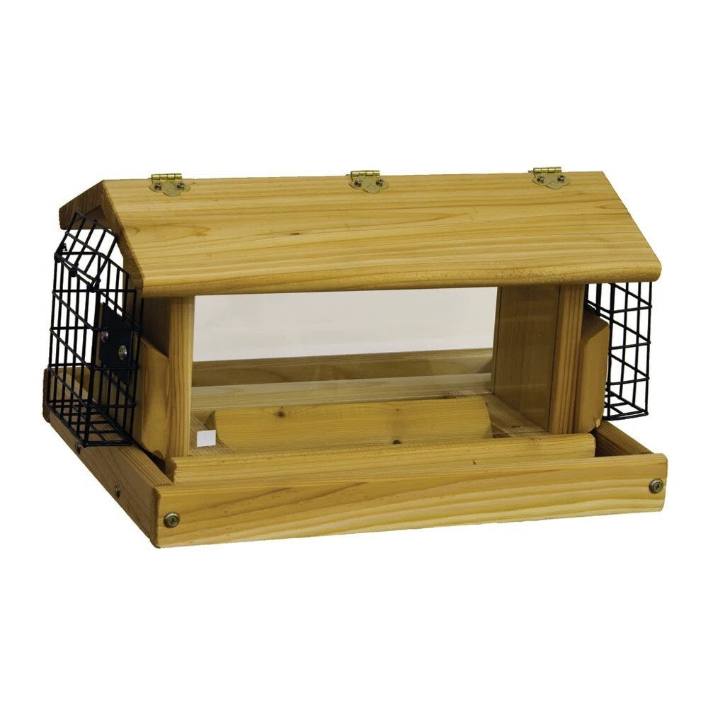 Stovall Standard Flip Top Mixed Seed Cedar Post Mount Hopper Bird Feeder with 2 Suet Cages