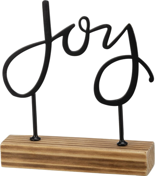 Primitives by Kathy Decorative Metal Word Art Sign with Wooden Base - Joy Sitter