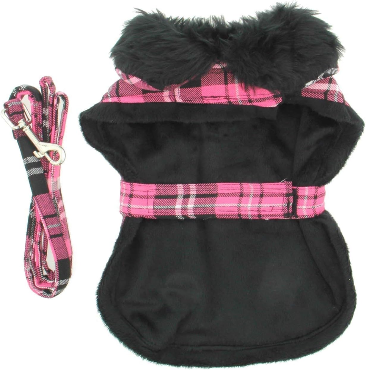 Doggie Design Pink Classic Plaid Faux Fur Collared Harness Coat, X-Small