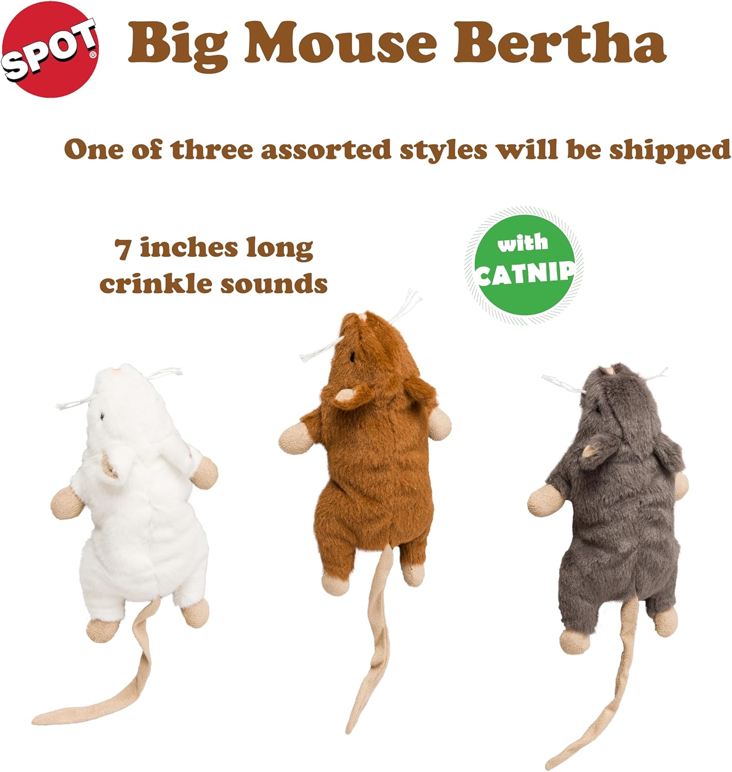 SPOT Big Mouse Bertha Cat Toy with Catnip - 7" Assorted Colors