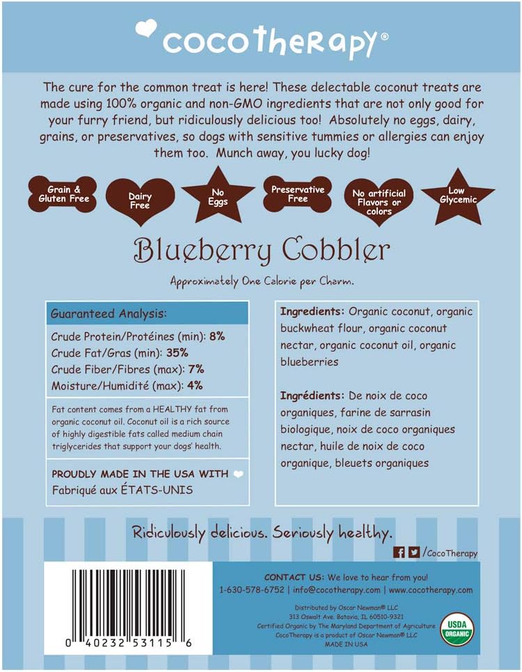 CocoTherapy Blueberry Cobbler Coco-Charms Dog Training Treats, 5 Ounces, Organic, Made in The USA