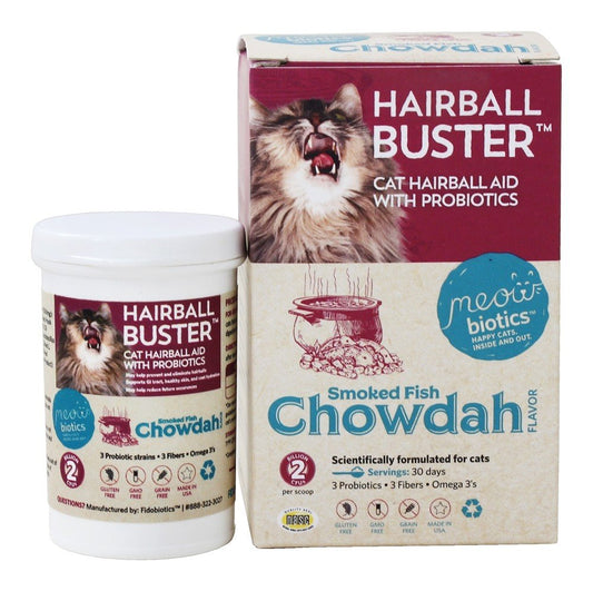 Fidobiotics - Meowbiotics Hairball Buster Powder for Cats with Probiotics 2 Billion CFU Smoked Fish Chowdah Flavor - 30 Serving(s)