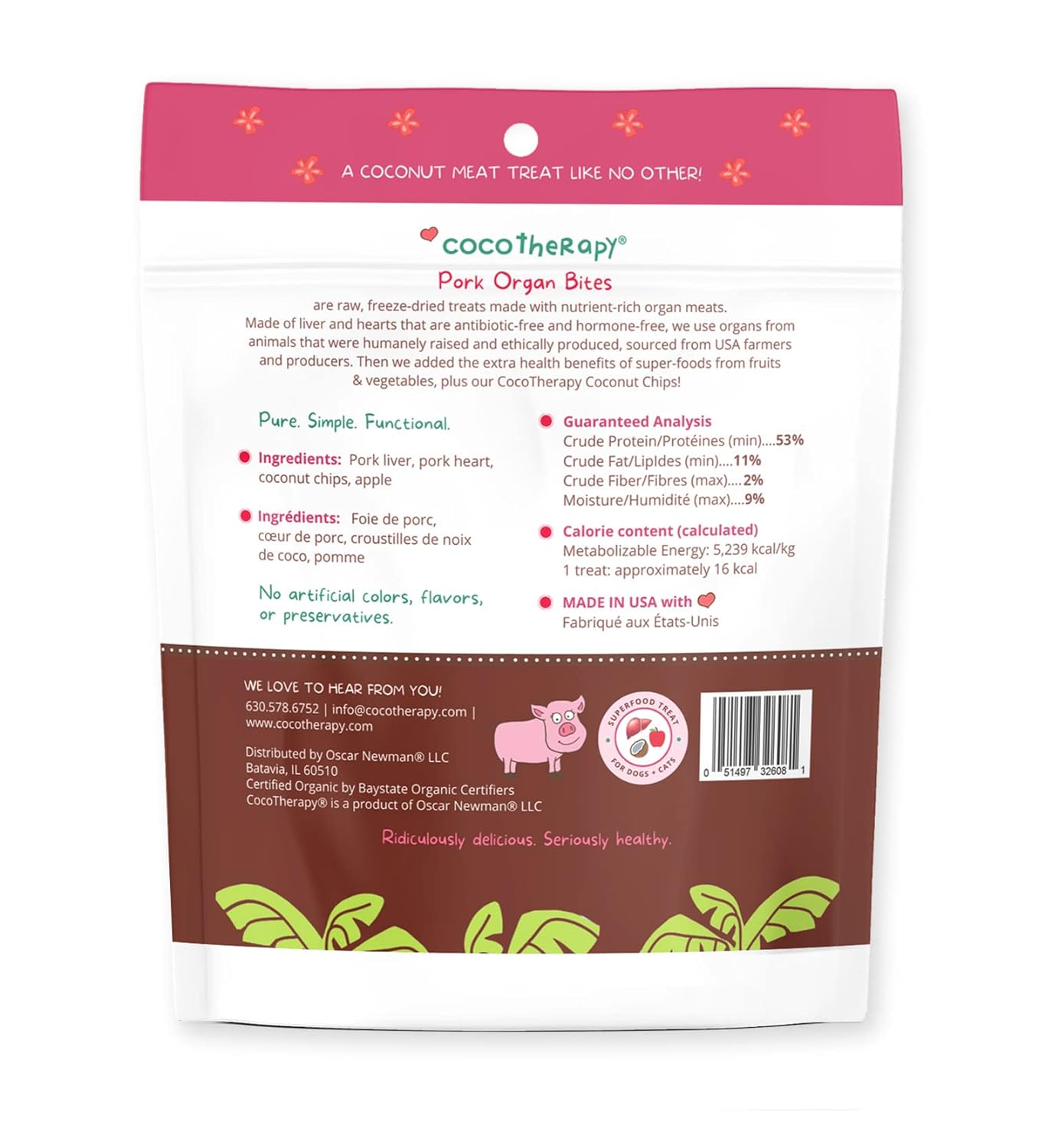 CocoTherapy Organ Bites! Pork Organs + Apples + Coconut - Raw Organ Meat Treat for dogs and cats (3 oz)