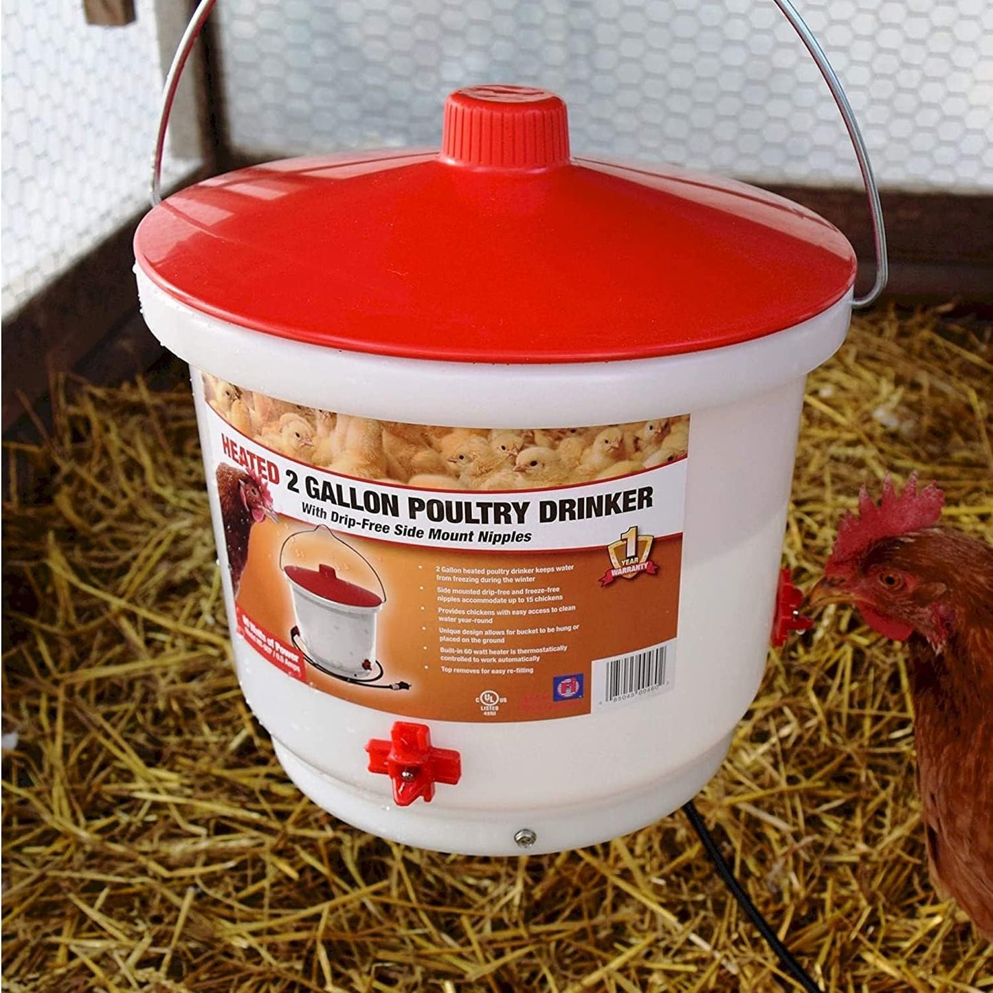 Farm Innovators Heated 2 Gallon Plastic Chicken Water Bucket Drinker Nipple Waterer - White/Red