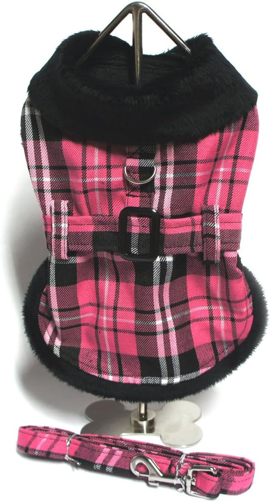 Doggie Design Pink Classic Plaid Wool/Faux Fur Collared Harness Coat w/Leash for Dogs, Large