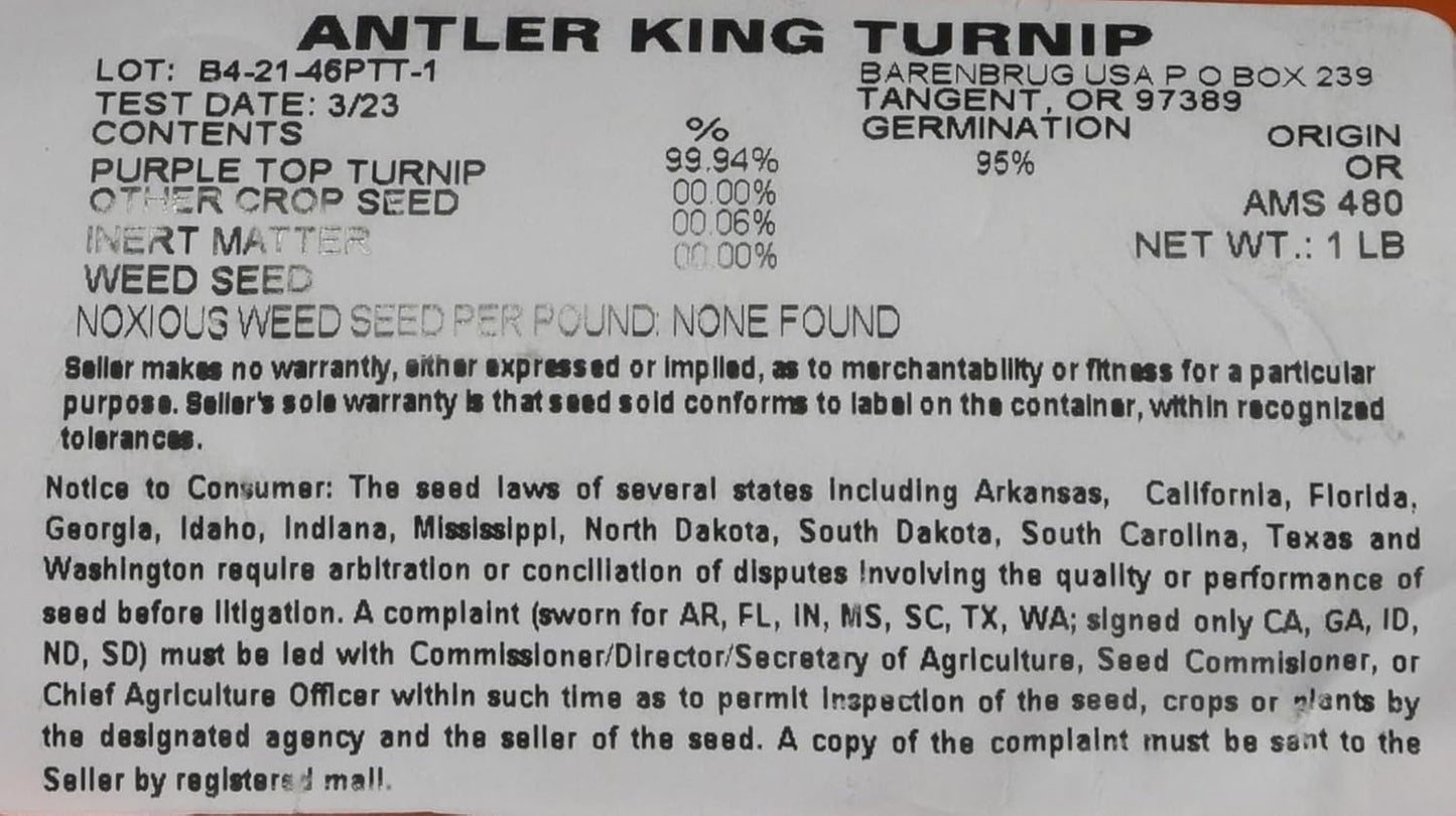 Antler King Turnips Deer Food Plot Seed (Plants 1/8 Acre) -1 LB