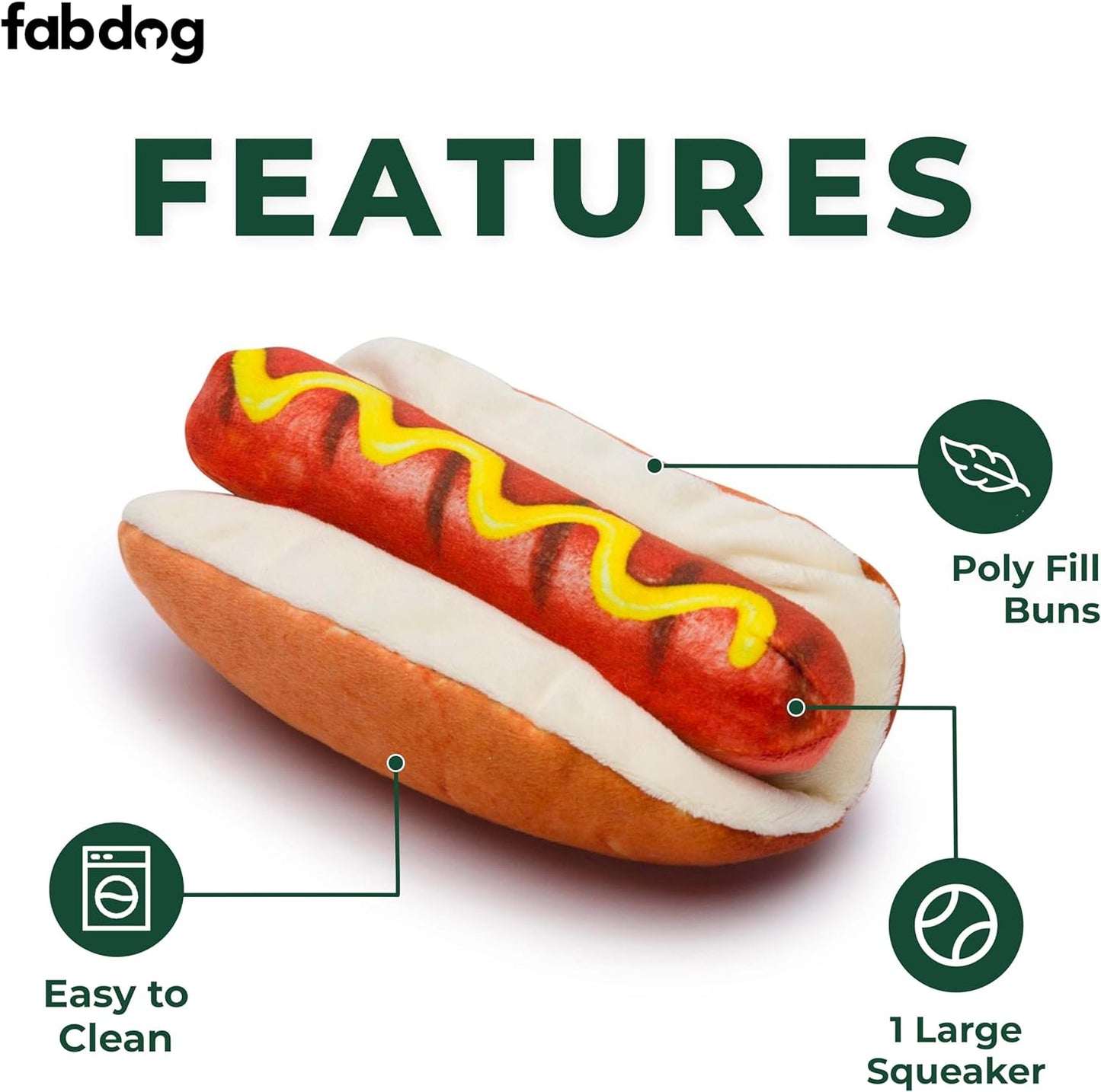 fabdog Foodie Plush Squeak Food-Themed Dog Toys - Hot Dog