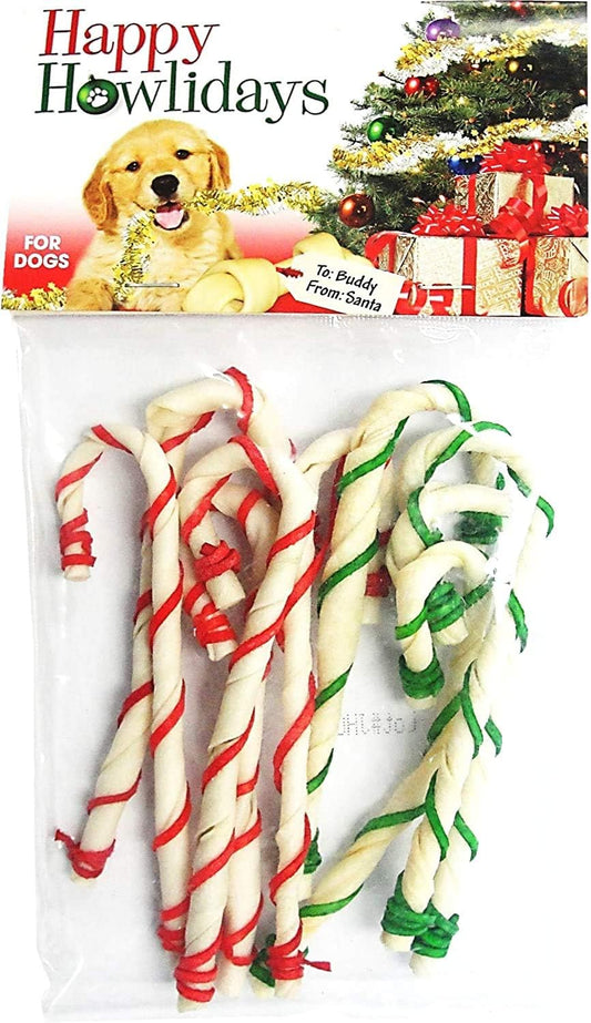 Pet Factory Happy Howlidays Christmas Beefhide Dog Candy Canes 9pk 5"