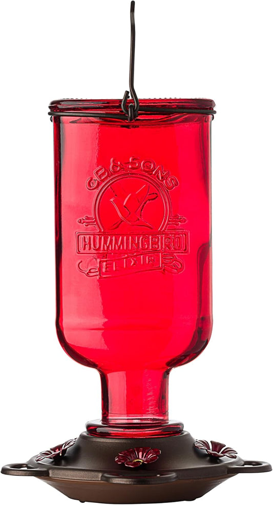 More Birds Red Elixir Vintage Glass Medicine Bottle Hummingbird Feeder - 13 oz