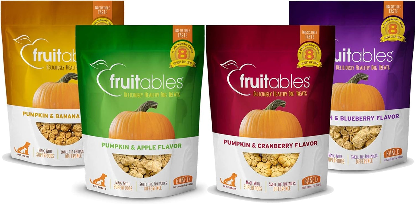 Fruitables All Natural 7 Ounce Pumpkin Baked Crunchy Dog Treats - Variety Pack of 4