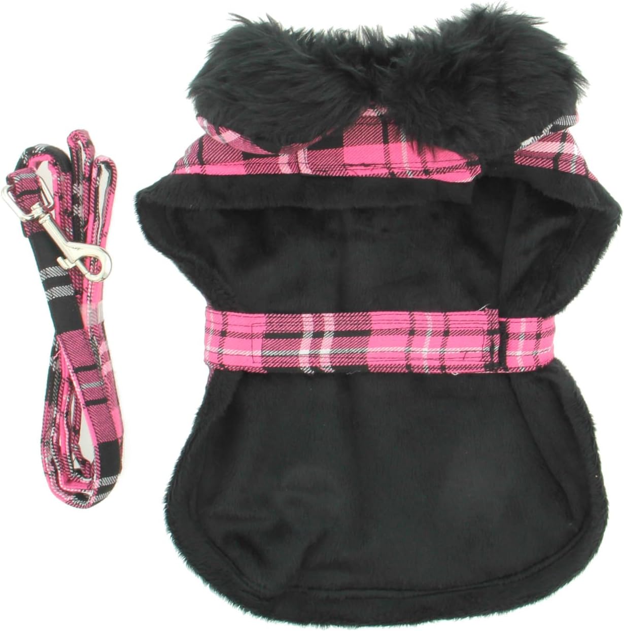 Doggie Design Pink Classic Plaid Wool/Faux Fur Collared Harness Coat w/Leash for Dogs, Large