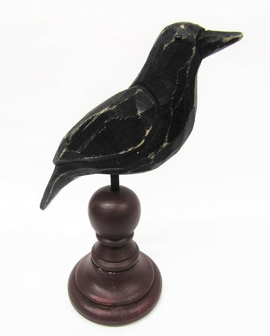 New "Carved" Look Weathered Rustic Primitive Crow On Spindle Finial Raven Poe