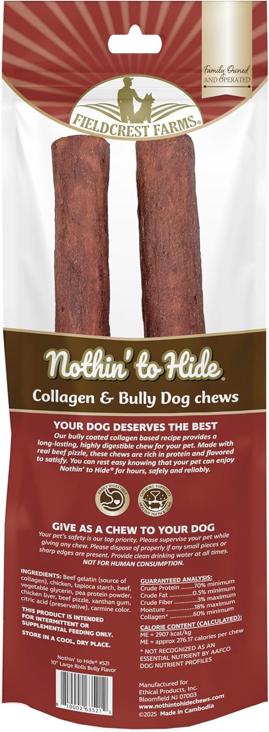 Fieldcrest Farms Nothin’ to Hide Large Roll Dog Chews, 10” Bully Stick Flavor, 2 Pack