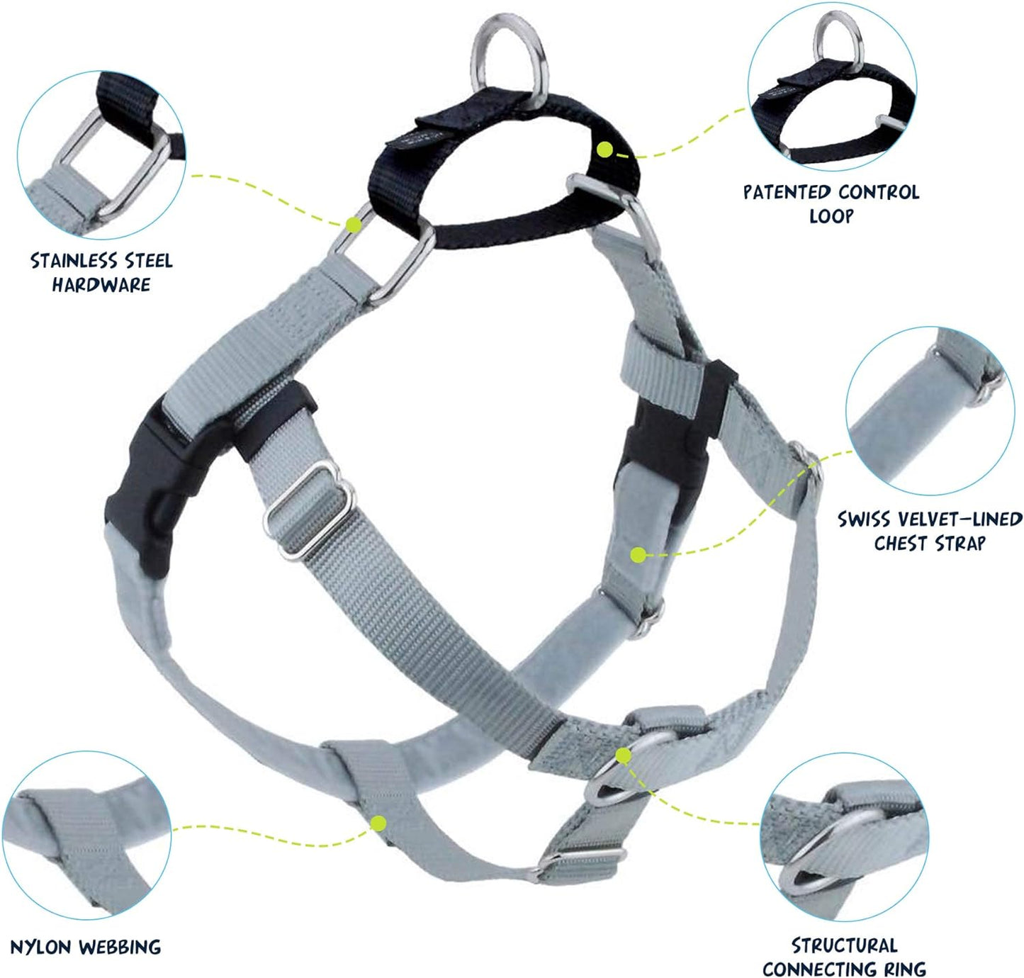 2 Hounds Design Freedom No Pull Dog Harness | Comfortable Control for Easy Walking |Adjustable Dog Harness and Leash Set | Small, Medium & Large Dogs | Made in USA | Solid Colors | 5/8" SM Silver