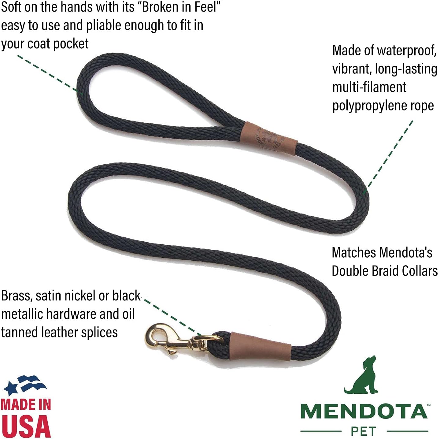 Mendota Pet Snap Leash - British-Style Braided Dog Lead - Hunter Green, 3/8 in x 6 ft - for Small/Medium Breeds