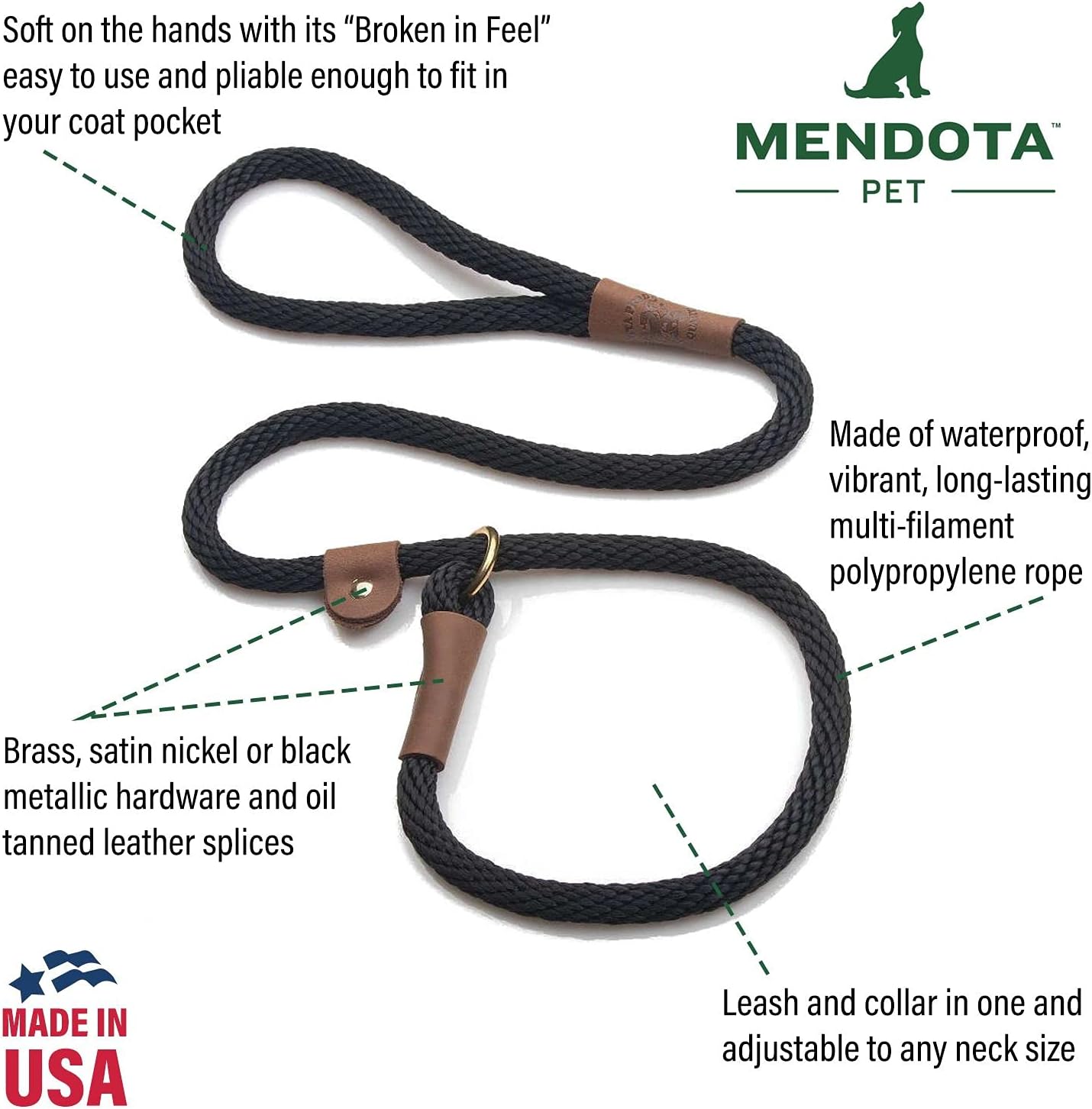 Mendota Pet Slip Leash - Dog Lead and Collar Combo - Made in The USA - Starbright, 1/2 in x 6 ft - for Large Breeds
