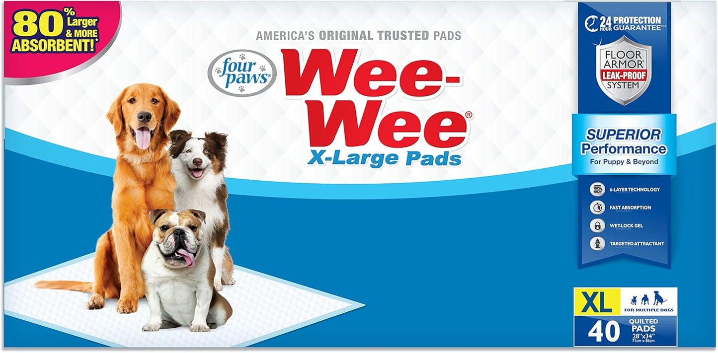 Four Paws Wee-Wee XL Leak-Proof Floor Protection Dog & Puppy Quilted Unscented Training Pads - 28" x 34" (40 Count)