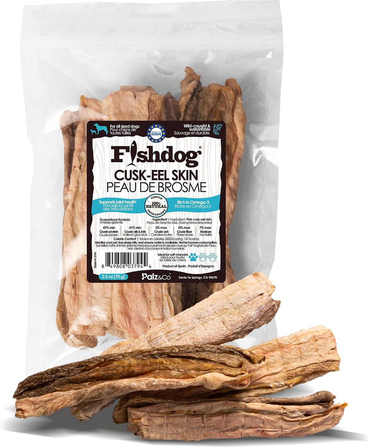 Palz&Co Fishdog Cusk-EEL Fish Skin Dog Treats 2.5oz - Wild Caught Single Ingredient Fish Chews for Dogs, Grain Free Hypoallergenic