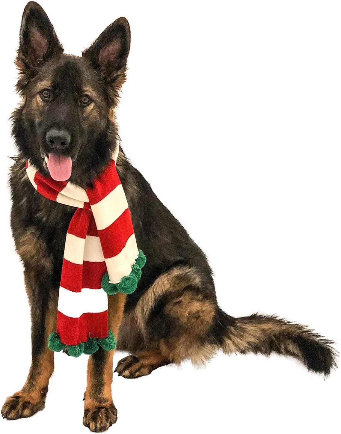 Midlee Christmas Striped Dog Scarf- Red/White & Green Pom Pom