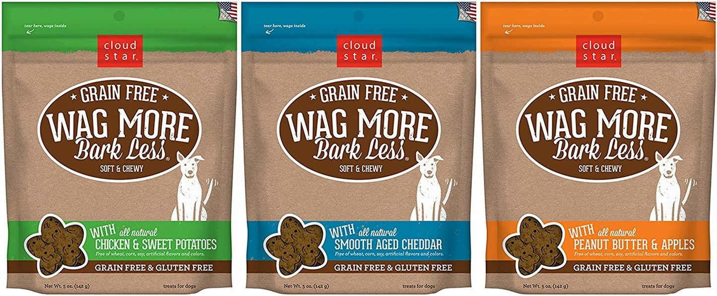 Cloud Star Wag More Bark Less Grain Free Soft & Chewy Dog Treats 3 Flavor Variety Bundle: Chicken & Sweet Potatoes, Smooth Aged Cheddar and Peanut Butter & Apples