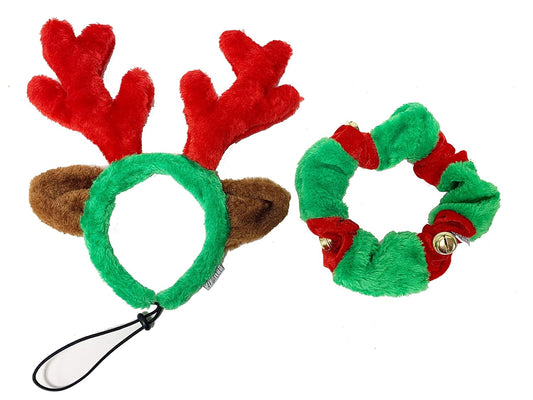 Midlee Reindeer Antlers and Green/Red Bell Collar for Large Dogs