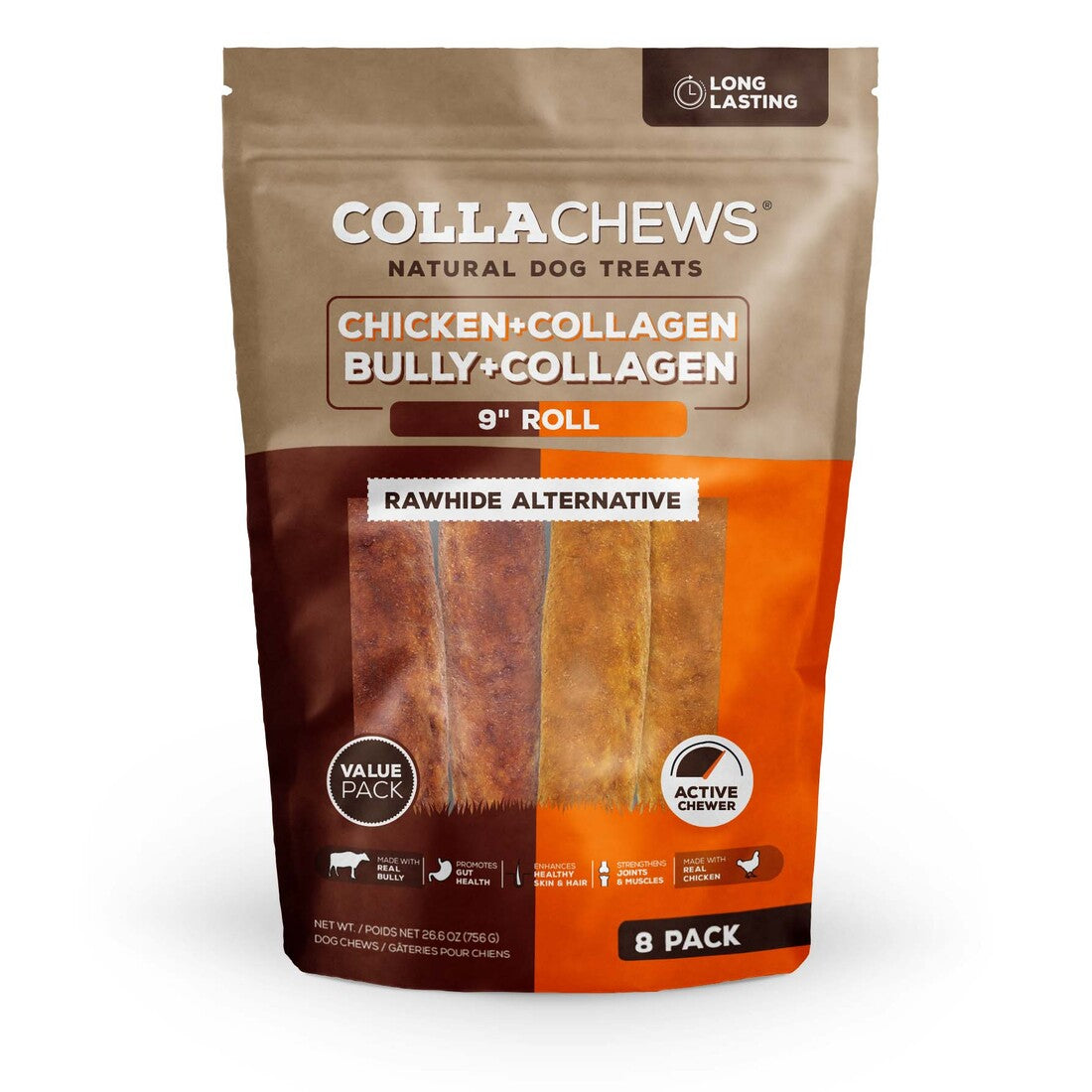 CollaChews Chicken & Bully Rawhide Free 9" Variety Pack Dog Treat - 8 Pack
