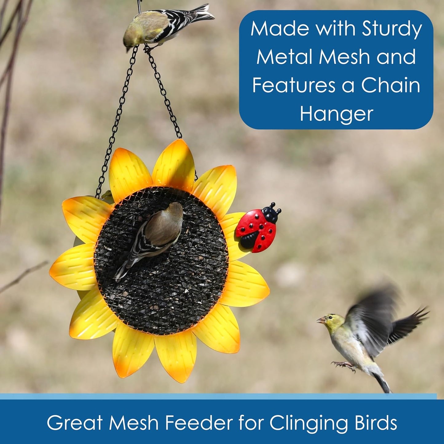 Gift Essentials Metal Yellow Sunflower with Ladybug Mesh Bird Feeder - 9"