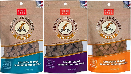 Cloud Star Chewy Tricky Trainers Training Treats for Dogs 3 Pack(Cheddar,Liver,Salmon) - 5 oz