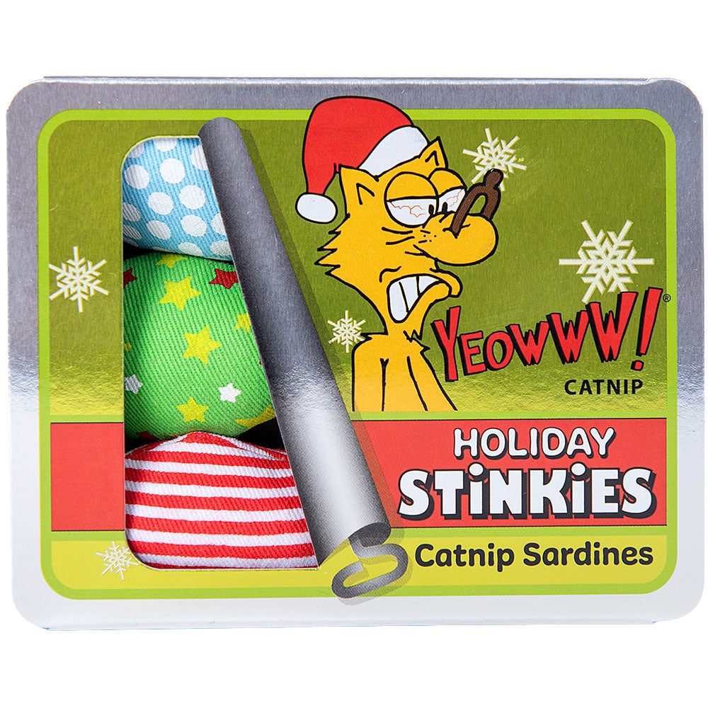 Yeowww! Holiday Stinkies Catnip Sardines Trio Cat Toys, 3-Pack Festive Fish Toys with Organic Catnip for Batting, Pouncing and Interactive Play