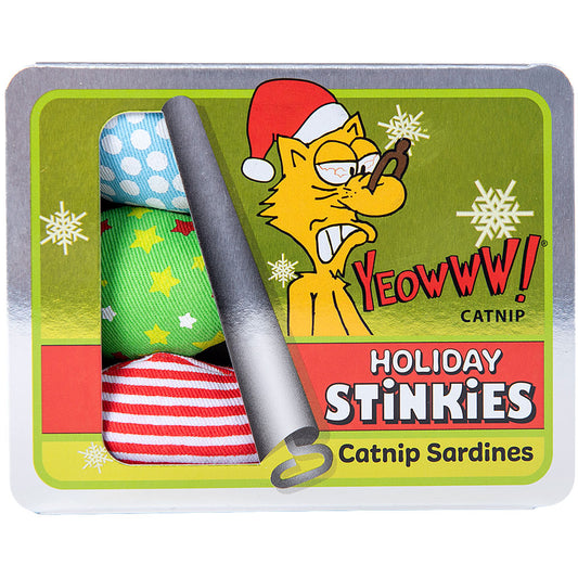 Yeowww! Holiday Stinkies Catnip Sardines Trio Cat Toys, 3-Pack Festive Fish Toys with Organic Catnip for Batting, Pouncing and Interactive Play