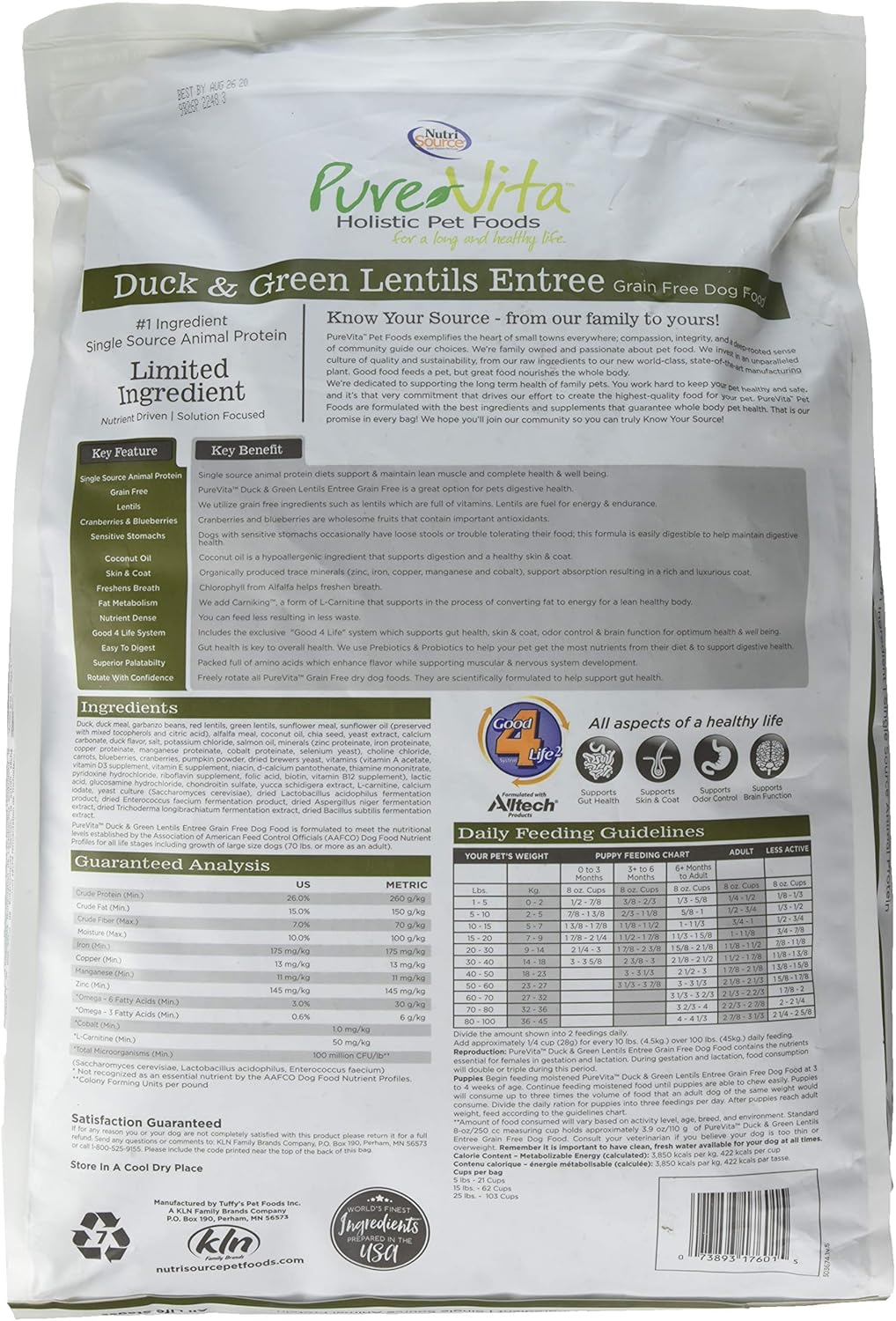 NutriSource PureVita Grain Free Duck & Green Lentils Entree Dry Dog Food - 15 lbs