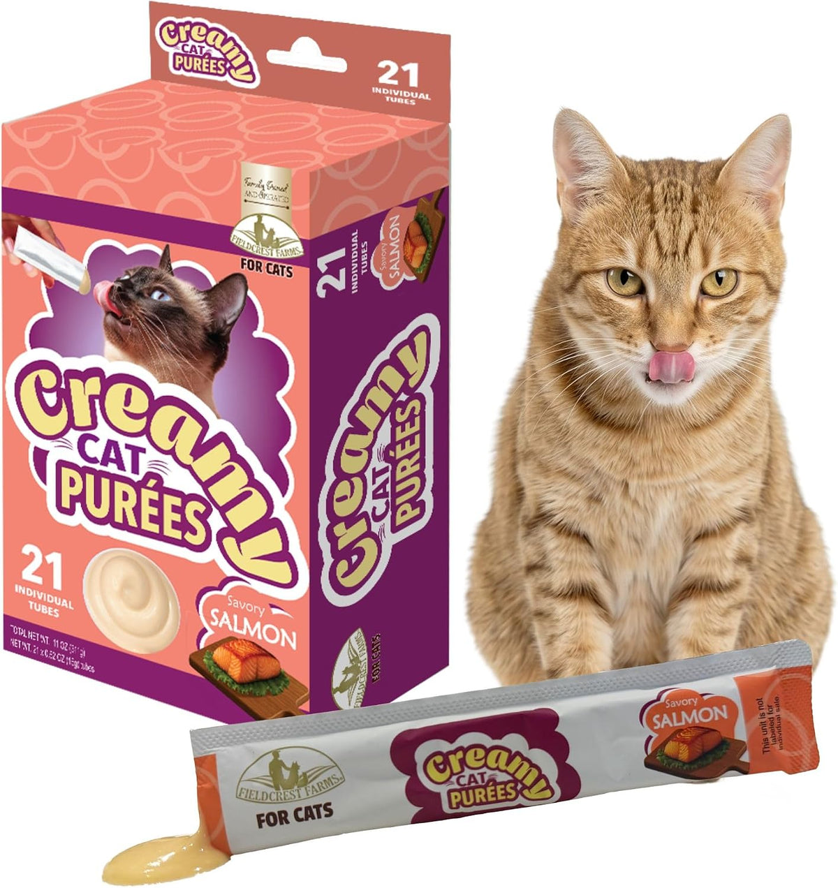 Fieldcrest Farms Creamy Cat Purées, Salmon Flavor, Smooth and Tasty Lickable Cat Treats with Taurine, Moist & Hydrating,Food Topper, 21 Count in Pack