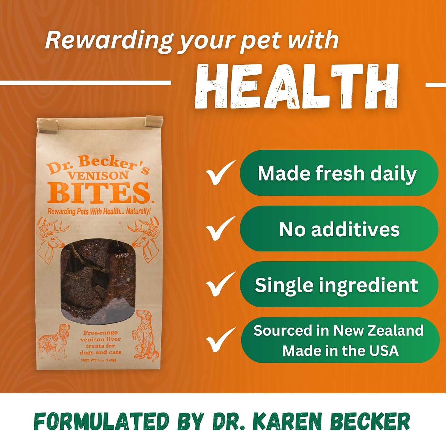 Dr. Becker's Venison Bites | 100% Pure Meat Protein | Grain Free Liver Training Treats for Dogs & Cats, 5 oz