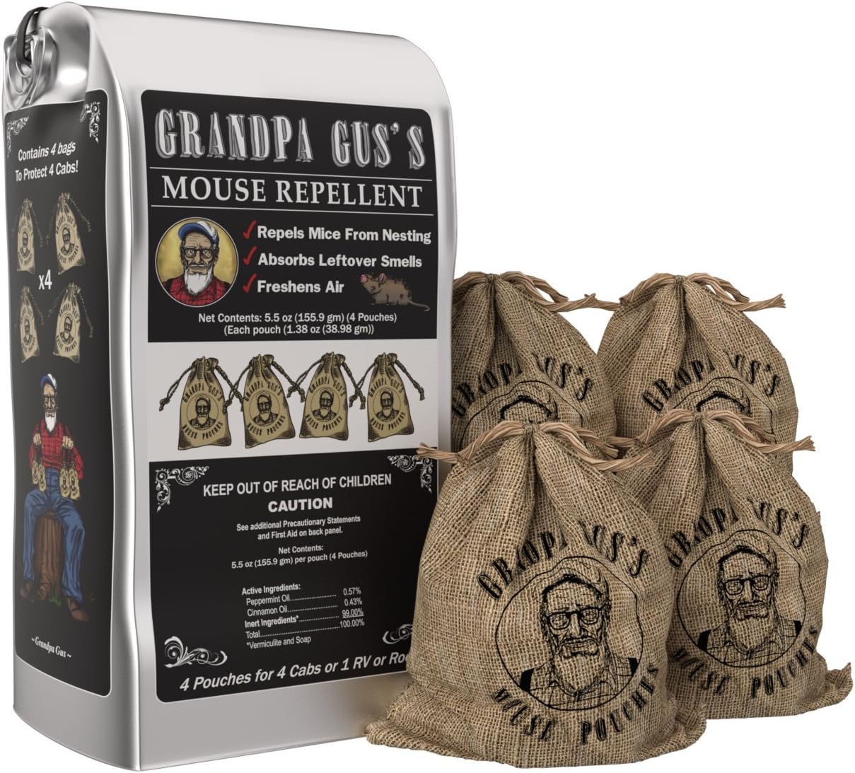 Grandpa Gus's Mice Repellent Pouches - Natural Peppermint Oil Mouse Trap Rodent Alternative - 4 Pk