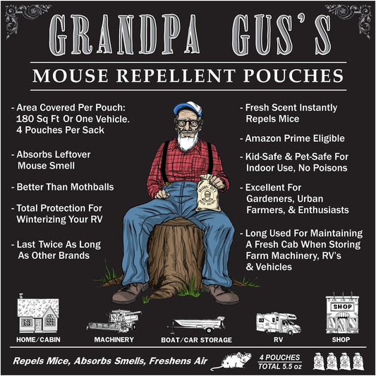 Grandpa Gus's Mice Repellent Pouches - Natural Peppermint Oil Mouse Trap Rodent Alternative - 4 Pk