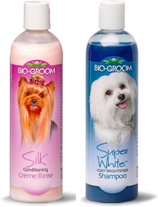 Bio-Groom Super White Coat Brightener Shampoo and Silk Conditioning Creme Rinse - Combo Pack 12 ounces Each