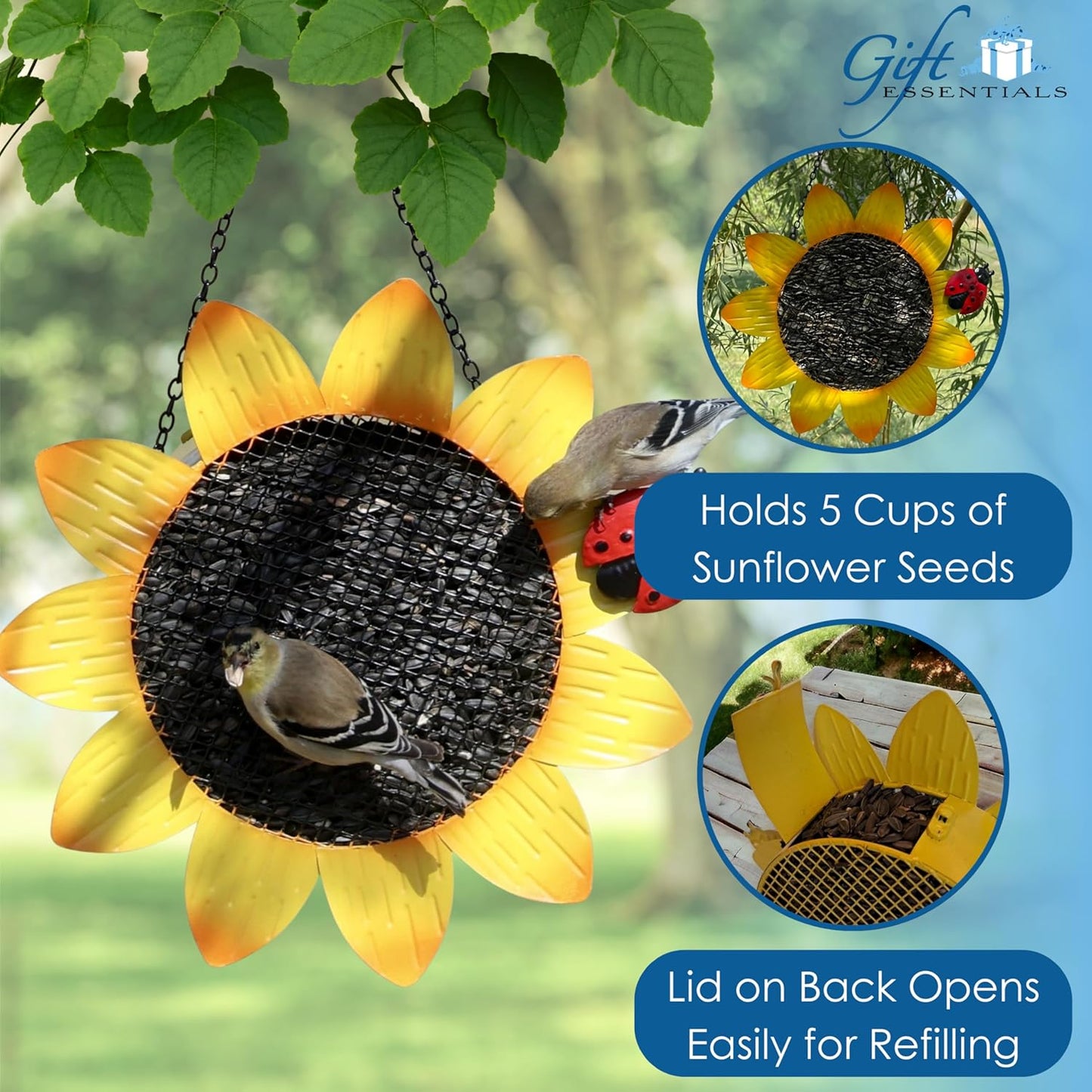 Gift Essentials Metal Yellow Sunflower with Ladybug Mesh Bird Feeder - 9"
