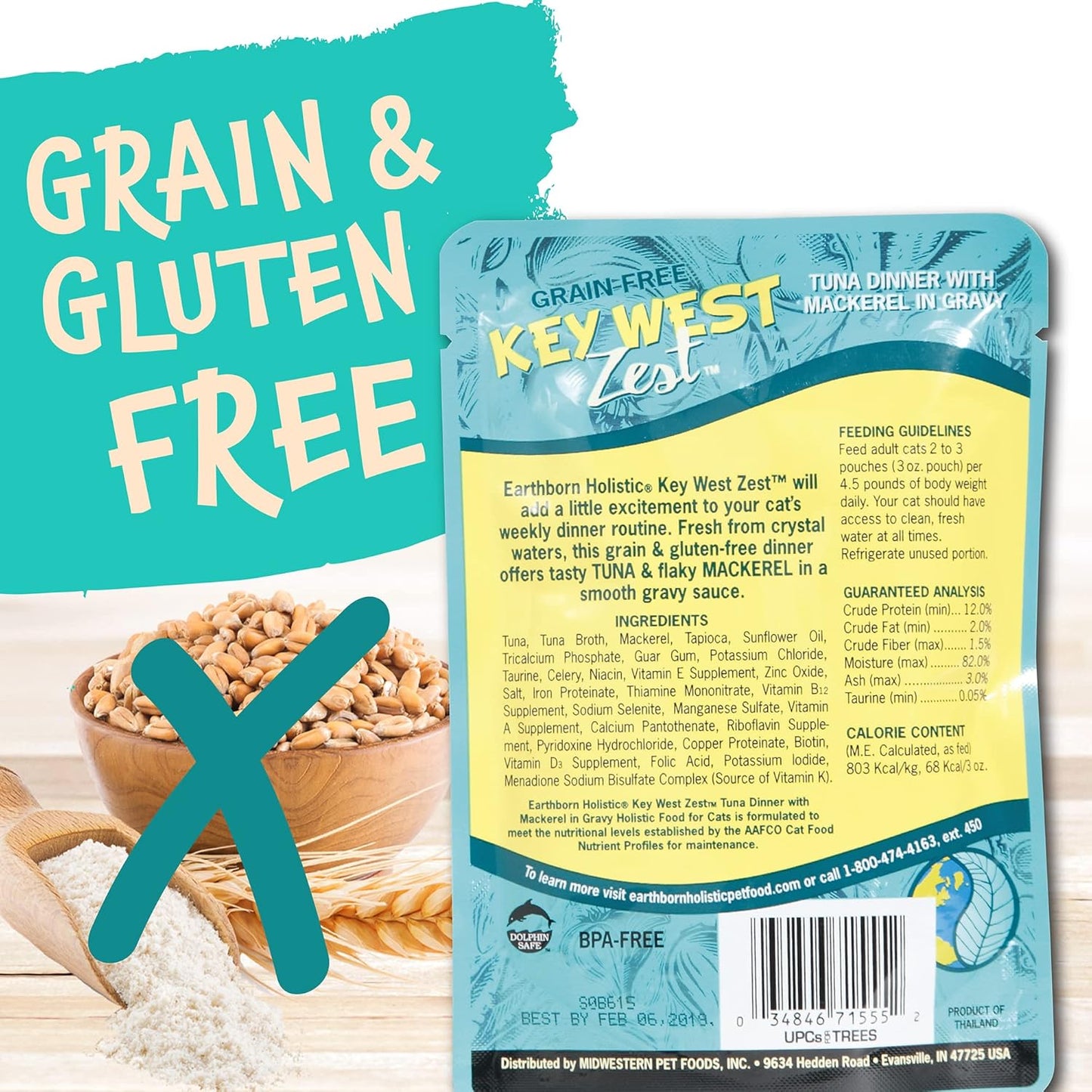 Earthborn Holistic Key West Zest with Tuna & Mackerel Gravy Grain-Free Wet Cat Food Pouches - (3 oz) Pack of 24