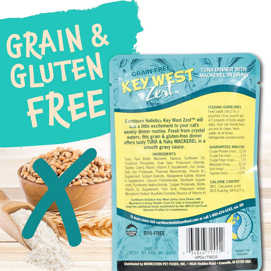 Earthborn Holistic Key West Zest with Tuna & Mackerel Gravy Grain-Free Wet Cat Food Pouches - (3 oz) Pack of 24