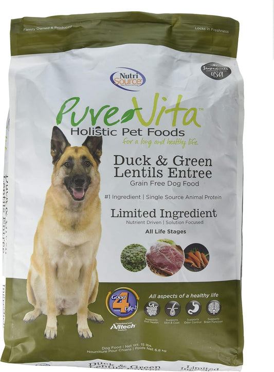 NutriSource PureVita Grain Free Duck & Green Lentils Entree Dry Dog Food - 15 lbs