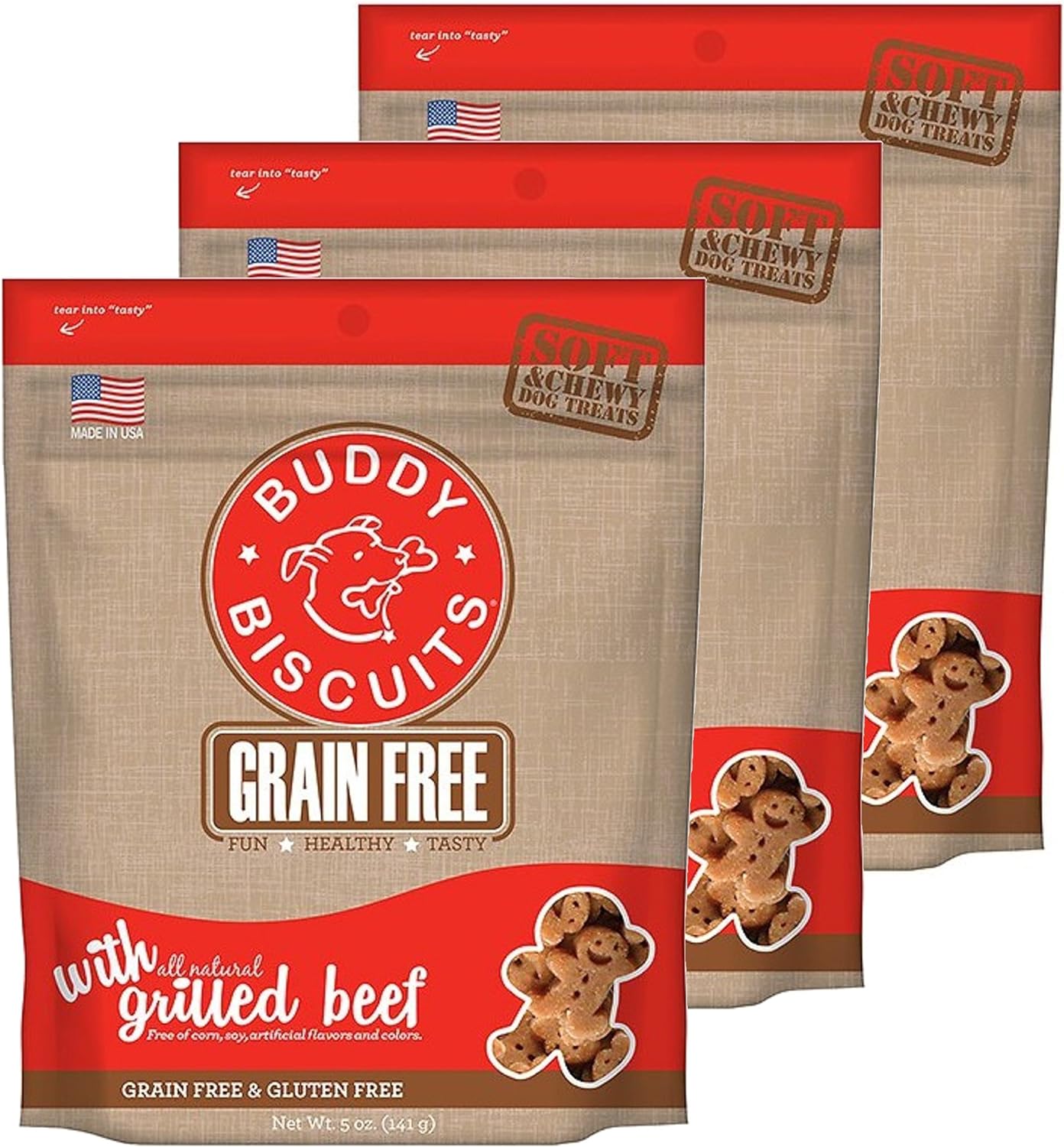 Buddy Biscuits Grain Free Soft & Chewy Dog Treats with All Natural Grilled Beef (3 Pack) 5 oz Each