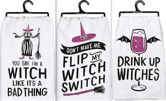 Primitives by Kathy Halloween Witch Themed Kitchen Dish Towel Bundle Set of 3 - You Say Witch - Drink Up Witches - Witch Switch