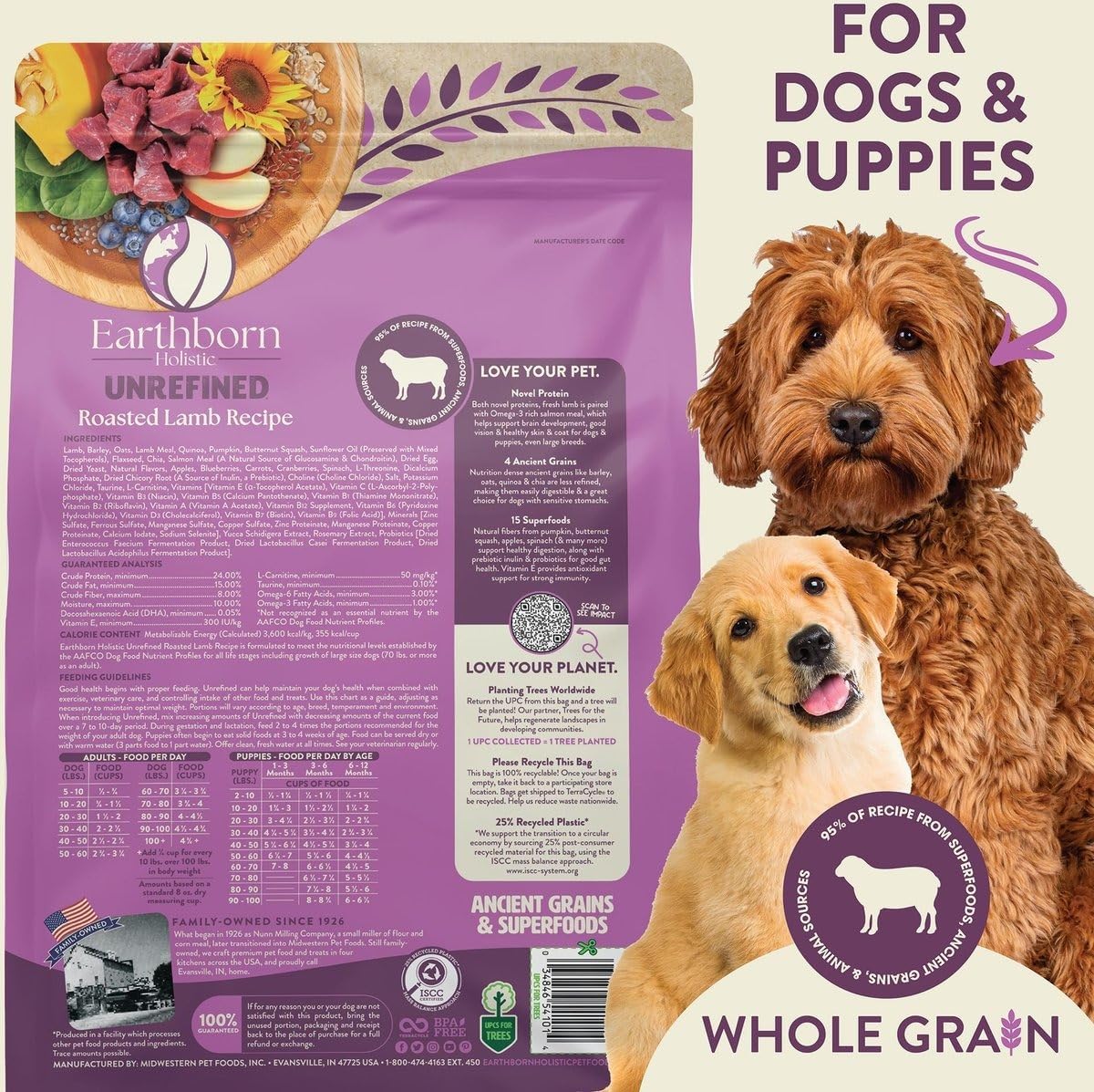 Earthborn Holistic Unrefined Roasted Lamb with Ancient Grains & Superfoods Dry Dog Food - 4 Lbs