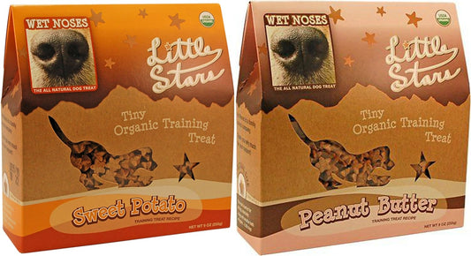 Wet Noses Little Stars Tiny Organic Dog Training Treats in 2 Flavors: (1) Peanut Butter and (1) Sweet Potato (2 Boxes Total, 9 Ounces Each)