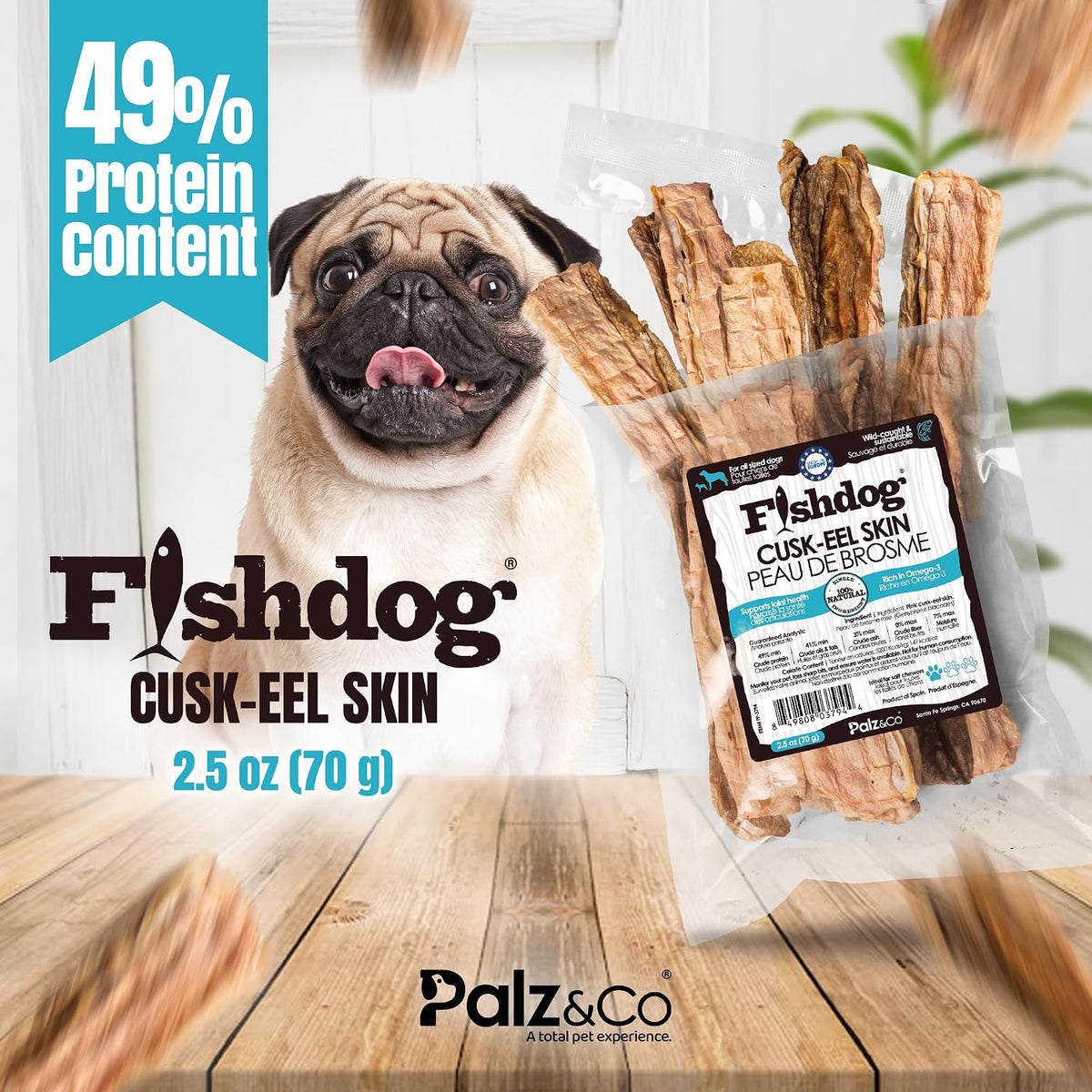 Palz&Co Fishdog Cusk-EEL Fish Skin Dog Treats 2.5oz - Wild Caught Single Ingredient Fish Chews for Dogs, Grain Free Hypoallergenic